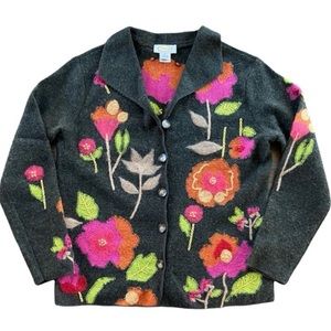 Talbots Womens Lambswool Cardigan Pink Orange Lime Hand Embroidery Floral Small